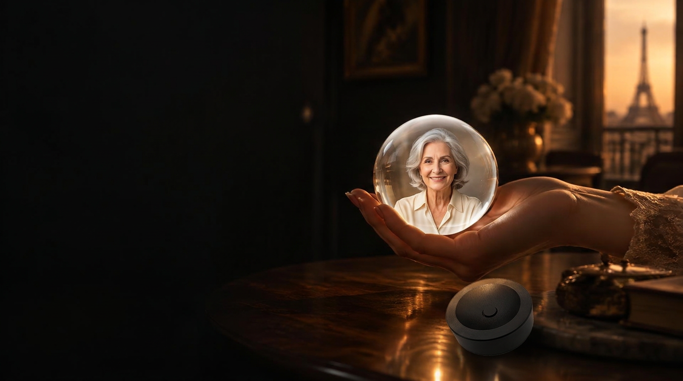 A crystal memory orb held gently in a hand, illuminated by warm evening light